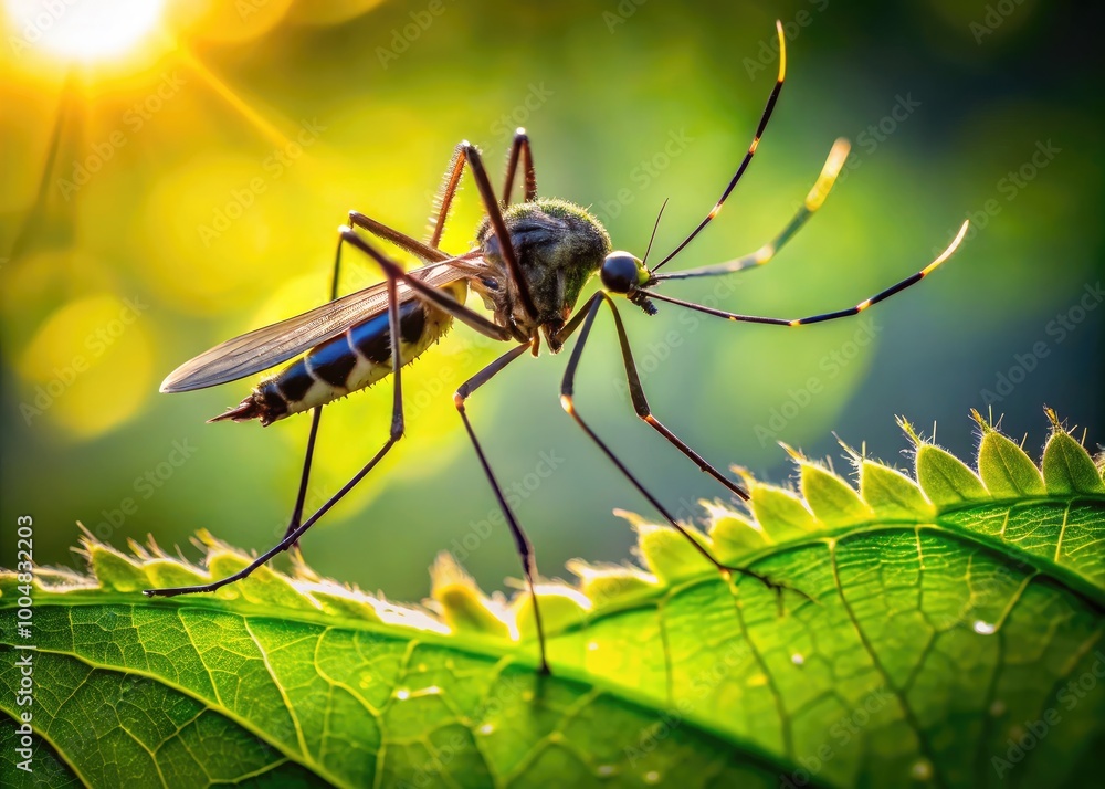 Naklejka premium Close-up of Aedes mosquito perched on a leaf, showcasing intricate details of its body and wings