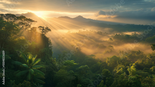 Serene sunrise over lush tropical rainforest landscape