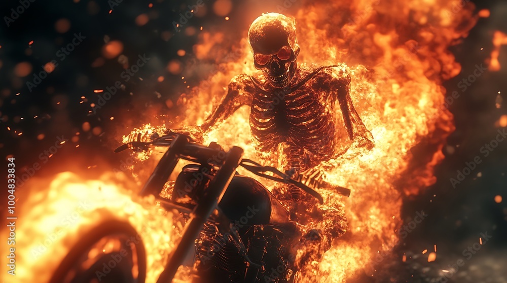 Adventurous scene with skeleton on motorcycle speeding through vibrant flame backdrop Adventurous scene with skeleton on motorcycle speeding through vibrant flame backdrop