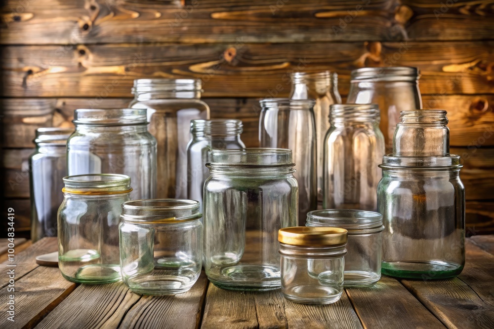 Collection of Clear Glass Mason Jars for Home Storage and Organization on Wooden Table Background Collection of Clear Glass Mason Jars for Home Storage and Organization on Wooden Table Background