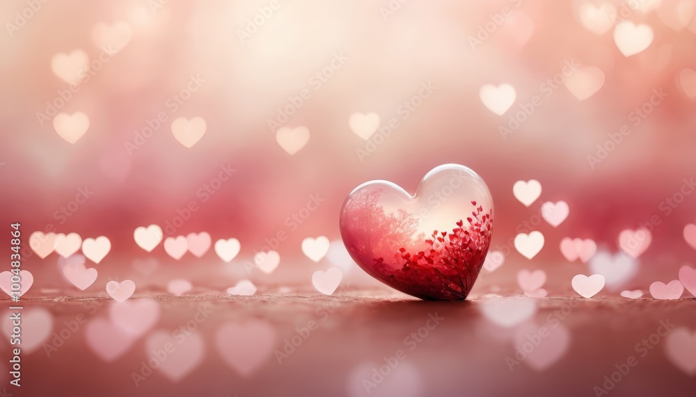 Translucent heart-shaped object filled with pink leaves surrounded by soft bokeh heart shapes in a romantic atmosphere Translucent heart-shaped object filled with pink leaves surrounded by soft bokeh heart shapes in a romantic atmosphere