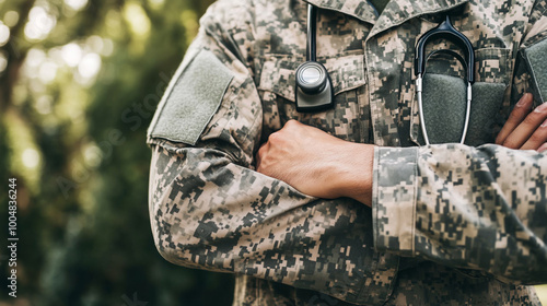 Military medic with stethoscope. Close-up. Copy space.  photo