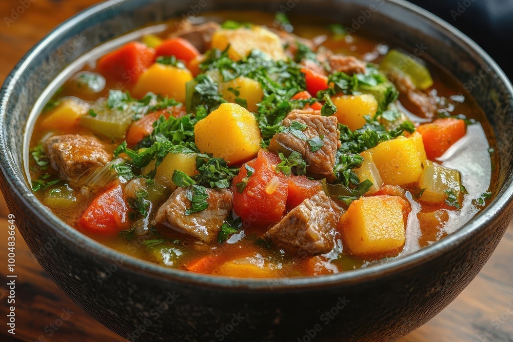 bowl of colorful vegetable soup featuring a mix of fresh ingredients and tender meat presented in an inviting manner that showcases healthy eating and warm comfort in a cozy kitchen setting bowl of colorful vegetable soup featuring a mix of fresh ingredients and tender meat presented in an inviting manner that showcases healthy eating and warm comfort in a cozy kitchen setting