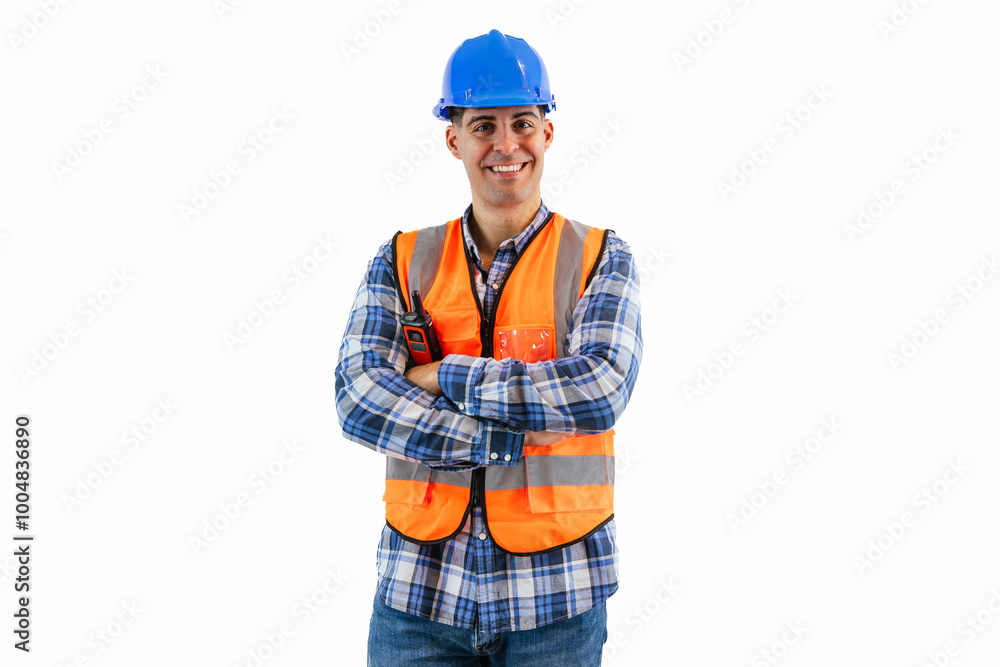Engineer in blue helmet and orange reflective vest smiling with arms crossed white background Engineer in blue helmet and orange reflective vest smiling with arms crossed white background