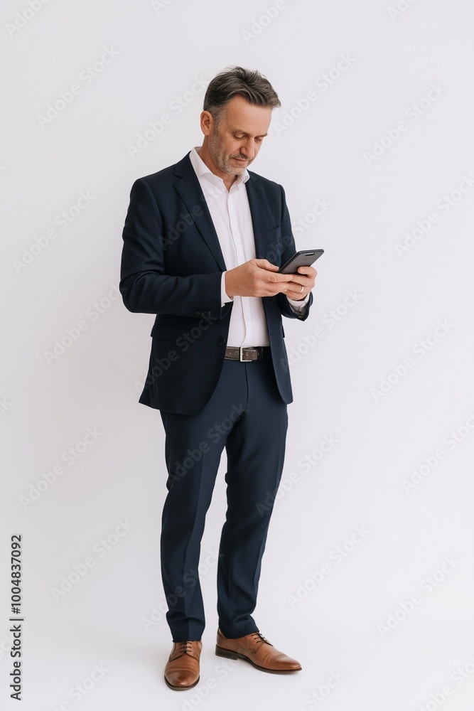 Happy business man of middle age wearing suit in formal shoes using phone standing isolated on white background. Busy mature businessman with smartphone in hands looking advertising mobile services. Happy business man of middle age wearing suit in formal shoes using phone standing isolated on white background. Busy mature businessman with smartphone in hands looking advertising mobile services.