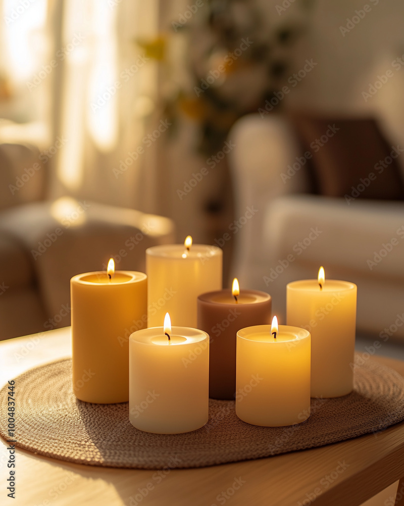 Candles on table in sunlit room with cozy ambiance Candles on table in sunlit room with cozy ambiance
