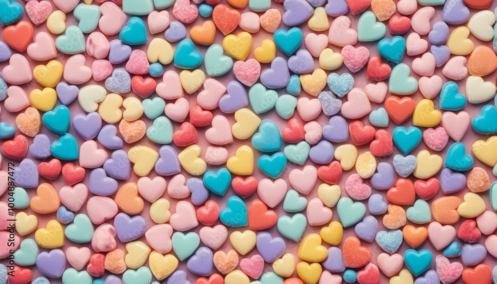 Vibrant heart-shaped candies in various colors on pastel background for Valentine's Day and celebrations Vibrant heart-shaped candies in various colors on pastel background for Valentine's Day and celebrations