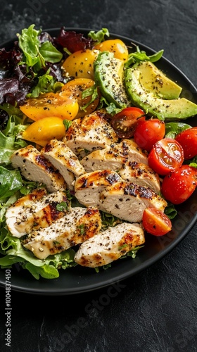 Vibrant and nutritious grilled chicken salad with fresh avocado, juicy tomatoes, and mixed greens on a dark plate. A perfect balance of protein and vegetables for a healthy meal.
