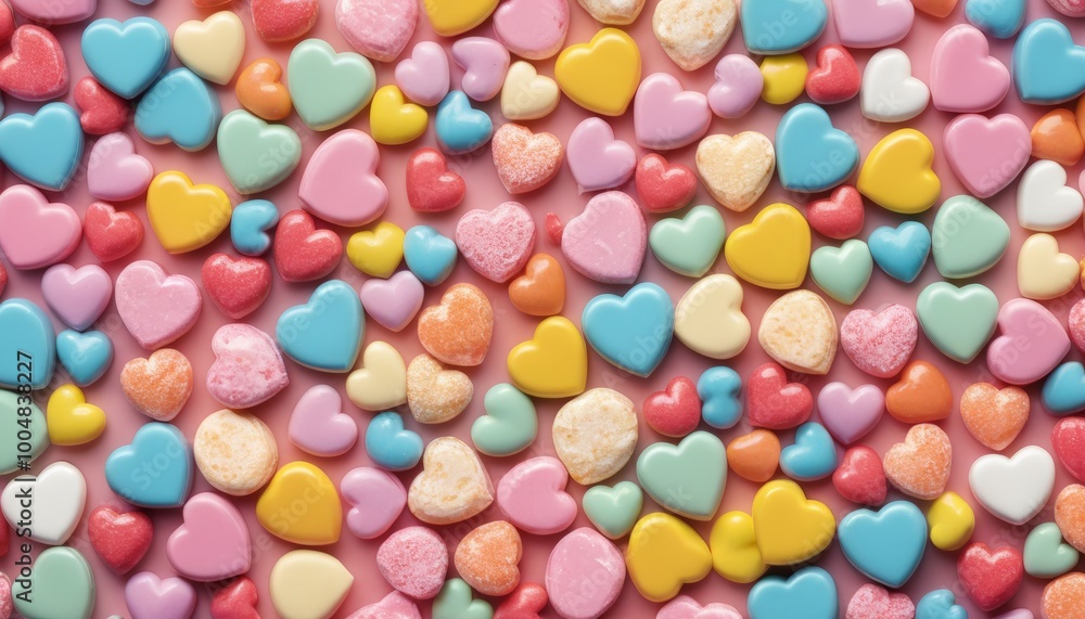 Colorful heart-shaped candies scattered on pink background for Valentine's Day and celebrations Colorful heart-shaped candies scattered on pink background for Valentine's Day and celebrations