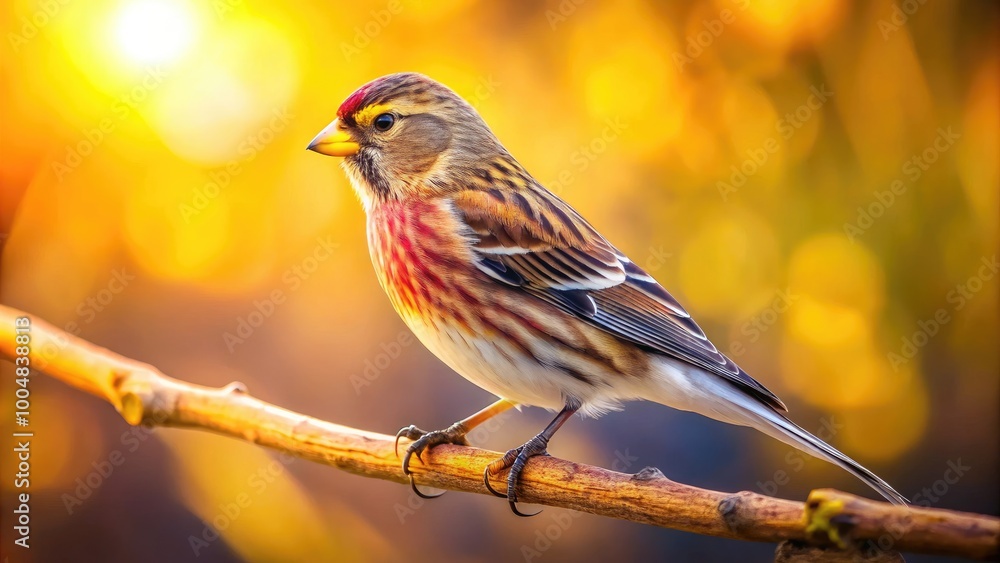 Colorful twite bird perched on a branch against a soft blurred natural background in sunlight Colorful twite bird perched on a branch against a soft blurred natural background in sunlight