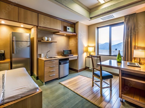 Wallpaper Mural Compact Japanese hotel room featuring small refrigerators and a tidy work area for guests' convenience Torontodigital.ca