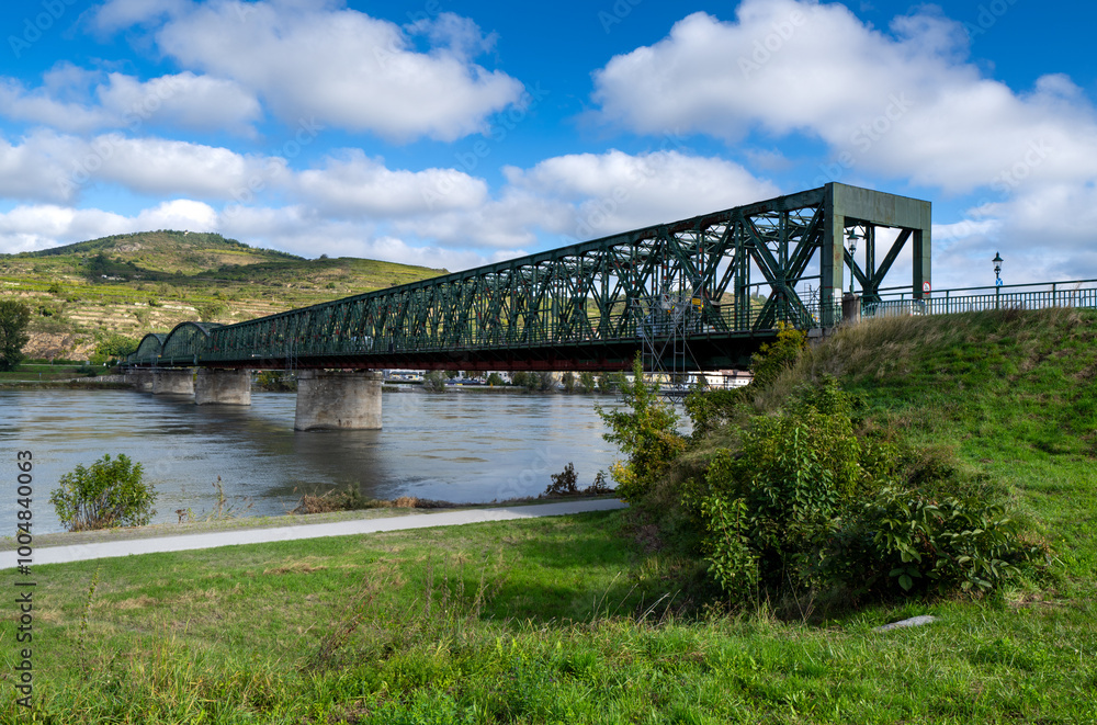 Danube bridge Mautern Stein Krems in Lower Austria - Kaiser Franz Joseph Bridge - Steel truss bridge - View from Mautern to Stein Danube bridge Mautern Stein Krems in Lower Austria - Kaiser Franz Joseph Bridge - Steel truss bridge - View from Mautern to Stein