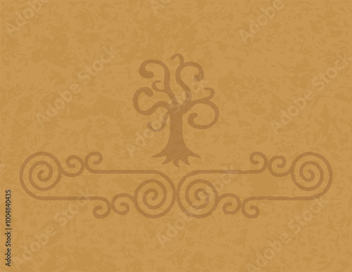 Medieval Parchment Background - Celtic Spirals, Lines and Tree Silhouette