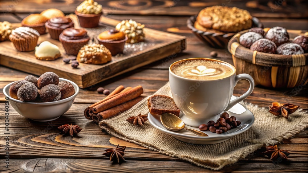 Cozy Coffee and Sweet Treats Spread on a Rustic Wooden Table Perfect for Afternoon Indulgence Cozy Coffee and Sweet Treats Spread on a Rustic Wooden Table Perfect for Afternoon Indulgence