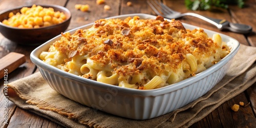 Creamy Baked Macaroni and Cheese with Golden Brown Topping in a Rustic Casserole Dish