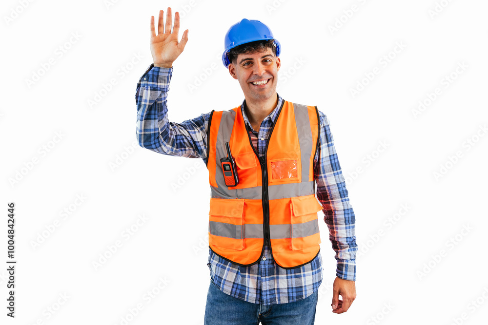 Friendly Construction Worker Waving at the Camera white background Friendly Construction Worker Waving at the Camera white background
