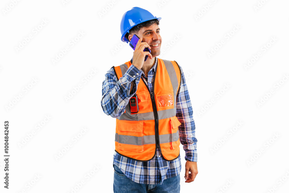 Engineer making a call with smartphone wearing orange vest and safety helmet white background Engineer making a call with smartphone wearing orange vest and safety helmet white background