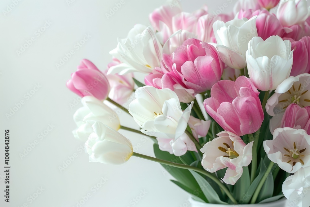 Obraz premium Pink and white flowers in vase on white background.