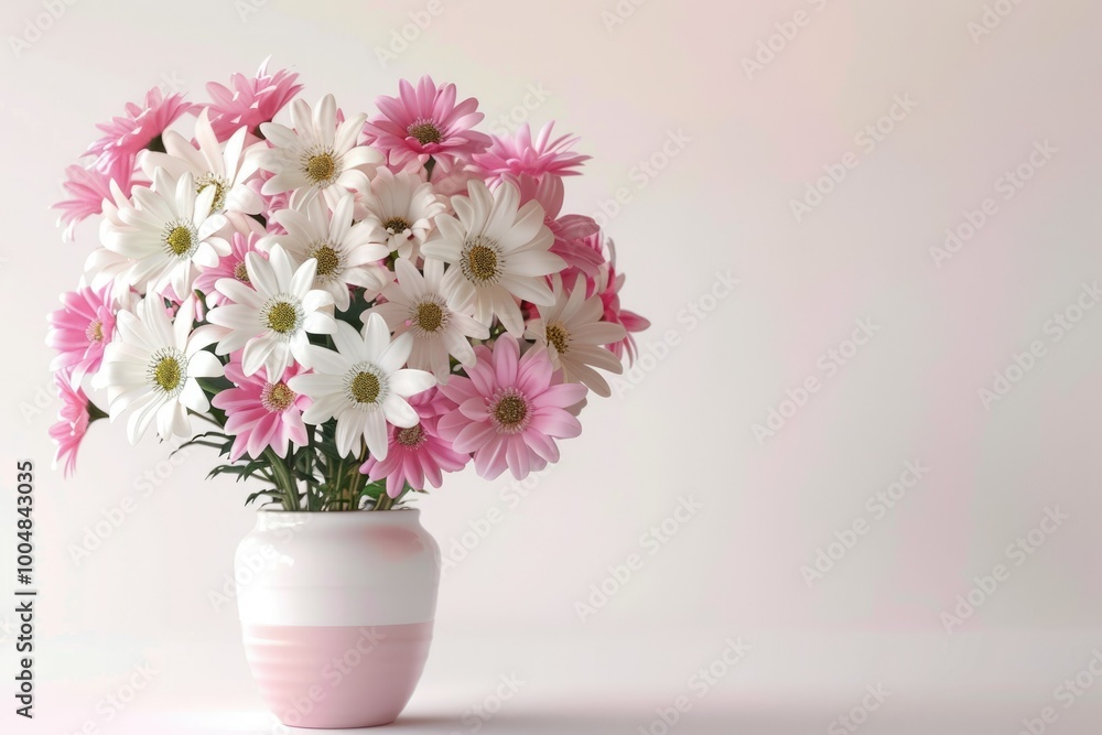 Pink and white flowers in vase on white background. Pink and white flowers in vase on white background.