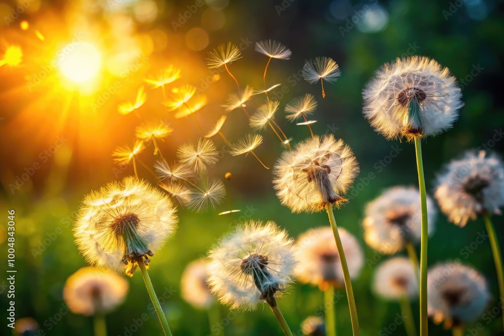 Delicate Dandelion Seeds Being Blown Away by the Gentle Breeze in a Sunlit Natural Setting Delicate Dandelion Seeds Being Blown Away by the Gentle Breeze in a Sunlit Natural Setting