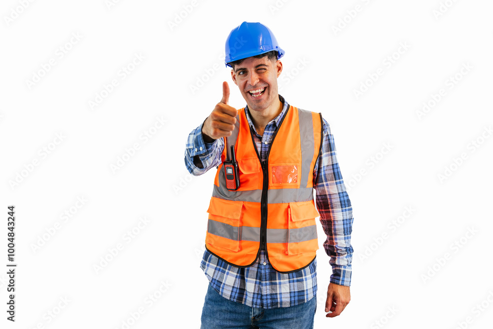 Satisfied construction worker giving a thumbs-up to the camera white background Satisfied construction worker giving a thumbs-up to the camera white background
