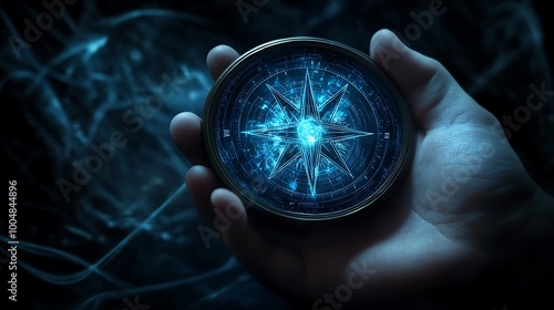 A hand holds a glowing blue compass with a star in the center. The compass is surrounded by a dark, swirling background.