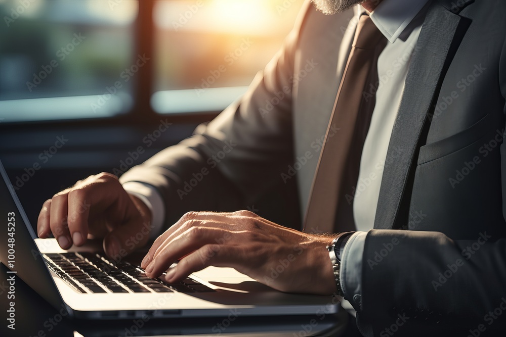 Business professional typing on laptop during sunset in modern office environment Business professional typing on laptop during sunset in modern office environment