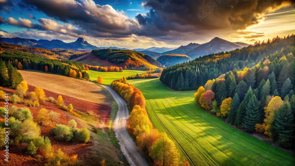 Naklejka premium Divided landscape showcasing contrasting environments with vibrant colors and distinct textures.