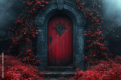 Old weathered wooden door of an old house. Autumn view. photo