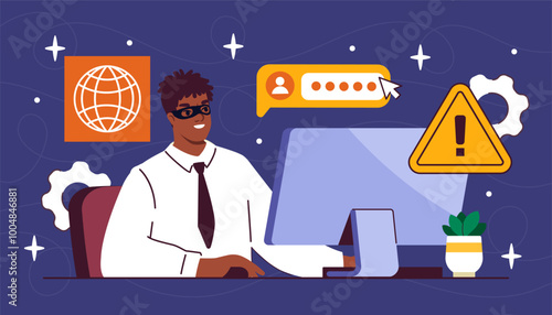 Man in incognito mode. Young guy in black mask sits at computer. Anonymous hacker steal personal data. Crime on internet. Flat vector illustration isolated on black background