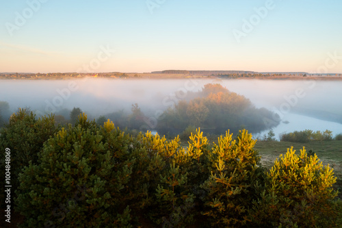 Splendid and calm morning with haze on the Horyn river. Polissya region, Ukraine, Europe.