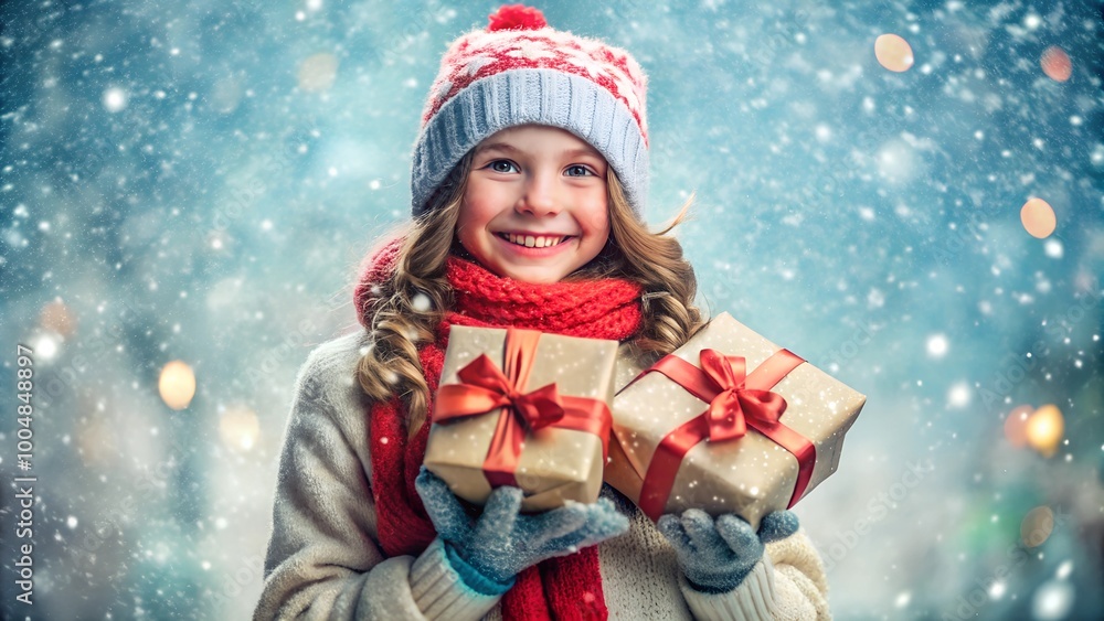 Image of a smiling girl holding beautifully wrapped Christmas present, set against a snowy background Image of a smiling girl holding beautifully wrapped Christmas present, set against a snowy background