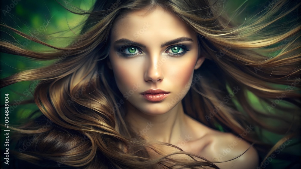 Fototapeta premium A stunning portrait of a young woman with striking green eyes and flowing hair