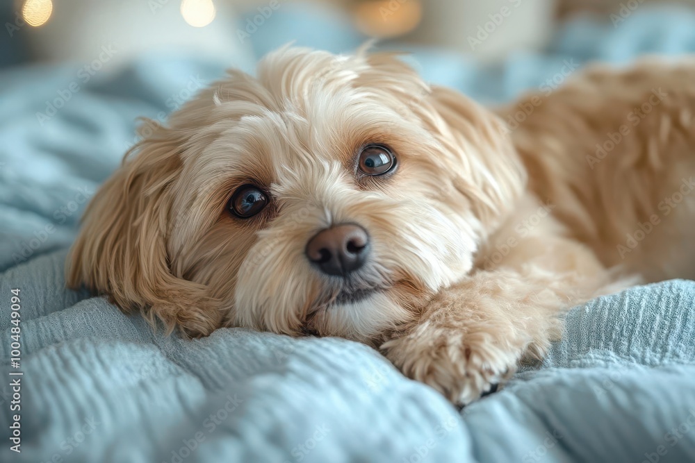 charming portrait of a cute dog lying comfortably on a soft bed at home radiating warmth and affection capturing the bond between pets and their owners in a cozy environment charming portrait of a cute dog lying comfortably on a soft bed at home radiating warmth and affection capturing the bond between pets and their owners in a cozy environment