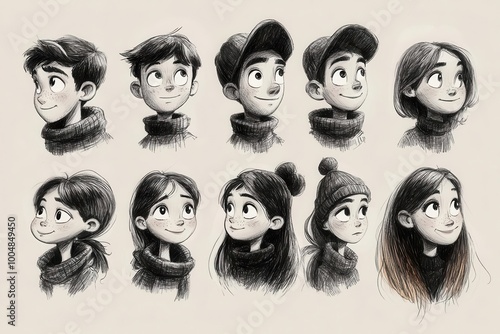 charming retro cartoon character faces with whimsical expressions sketched in black and white capturing 50s nostalgia in a lively and playful style photo