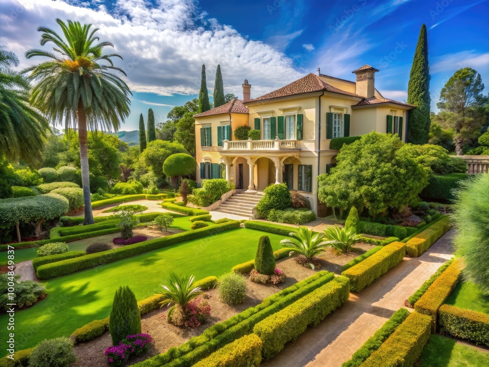 Fototapeta premium Elegant Rothschild Villa Surrounded by Lush Gardens and Scenic Landscape in a Sunny Daylight Setting