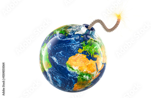 Obraz na plátně Earth Globe as bomb with burning fuse, 3D rendering