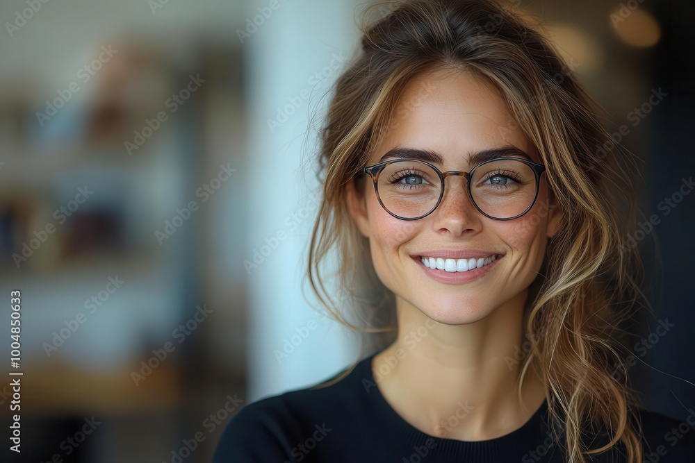 cheerful professional business woman laughs joyfully glasses framing her bright smile looking off into the distance conveying optimism and success in her work environment cheerful professional business woman laughs joyfully glasses framing her bright smile looking off into the distance conveying optimism and success in her work environment
