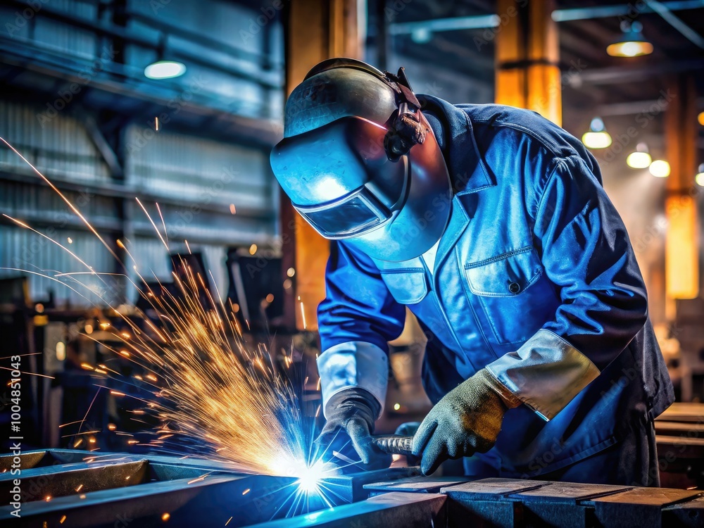 Employee Welding Steel with MIG MAG Welder Creating Bright Sparks in a Dynamic Industrial Setting Employee Welding Steel with MIG MAG Welder Creating Bright Sparks in a Dynamic Industrial Setting