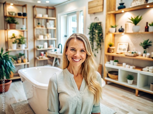 Empowered Female Entrepreneur Smiling in Her Small Business Bath Store with Joyful Atmosphere
