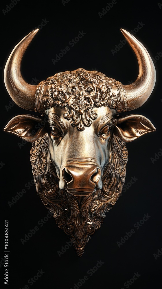 Bronze bull head sculpture on black background Bronze bull head sculpture on black background