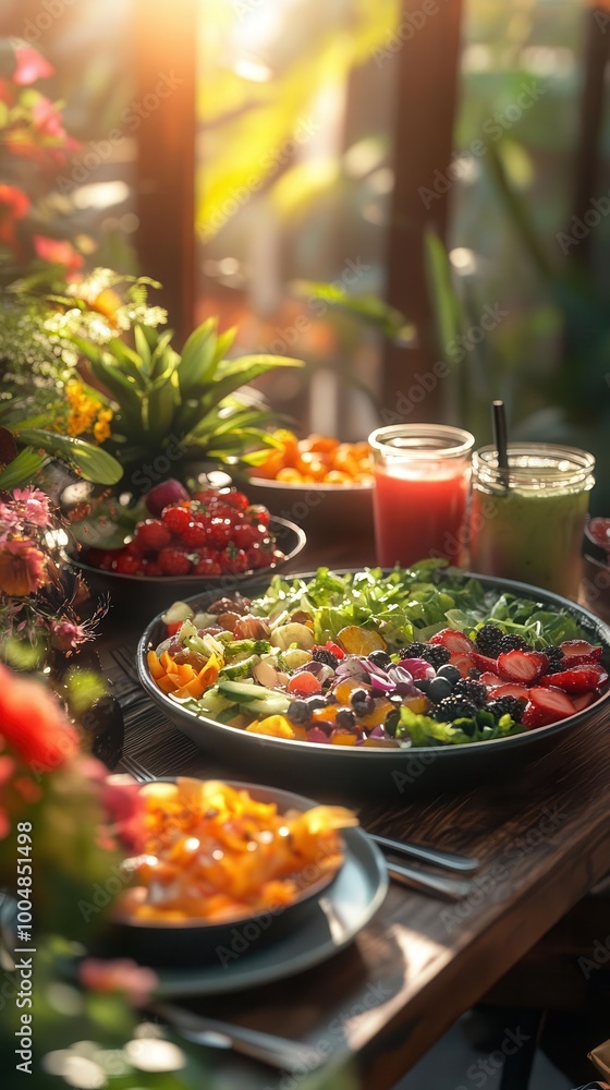 A vibrant, healthy meal spread with colorful salads and smoothies, rustic table setting, natural light, hyperrealism A vibrant, healthy meal spread with colorful salads and smoothies, rustic table setting, natural light, hyperrealism