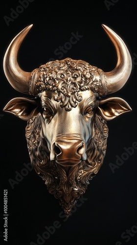 Bronze bull head sculpture on black background