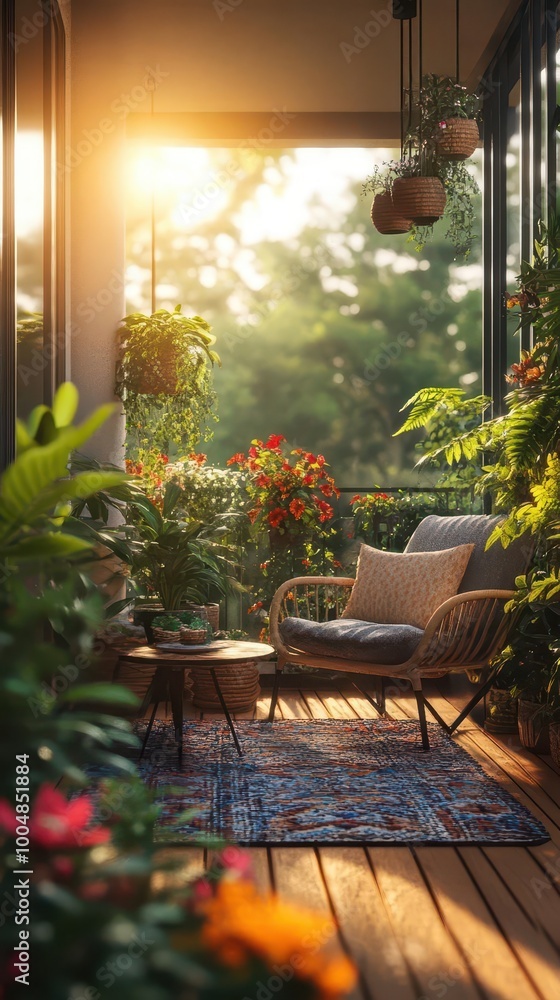 Balcony garden space with vibrant plants, warm sunlight, cozy furniture, urban setting, natural textures, photo-realistic Balcony garden space with vibrant plants, warm sunlight, cozy furniture, urban setting, natural textures, photo-realistic