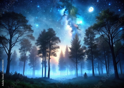 Enigmatic Dark Night Forest with Silhouetted Trees and Mysterious Shadows Under a Starry Sky