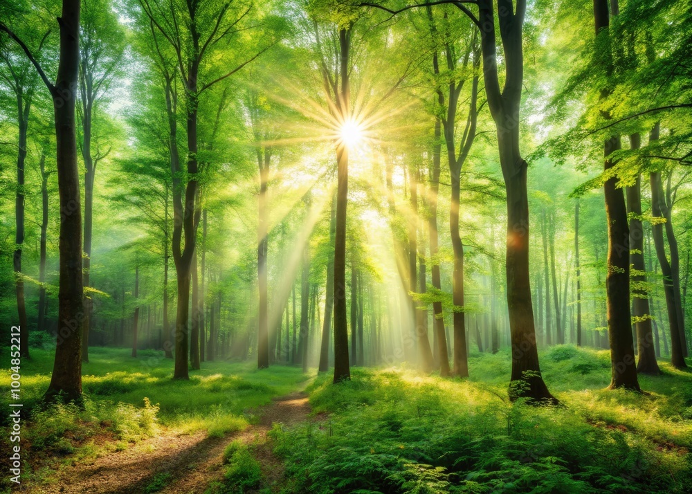 Obraz premium Ethereal Sunlight Filtering Through Lush Green Foliage in a Serene Springtime Forest Scene