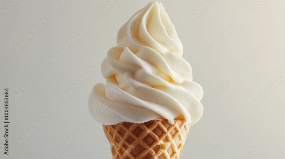 Ice cream cone with vanilla soft serve against a neutral background, close-up. Dessert and summer treat concept Ice cream cone with vanilla soft serve against a neutral background, close-up. Dessert and summer treat concept