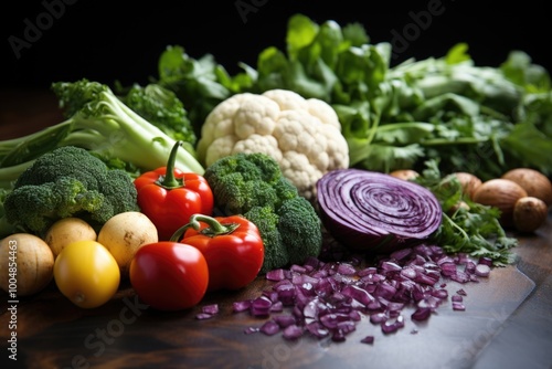 Healthy foods, various fresh vegetables sheet on a brown marble wood bottom. Vie, generative IA photo