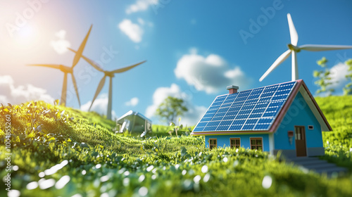 3D Illustration of a Clean Energy Concept with Solar Panels, Wind Turbines, generative ai