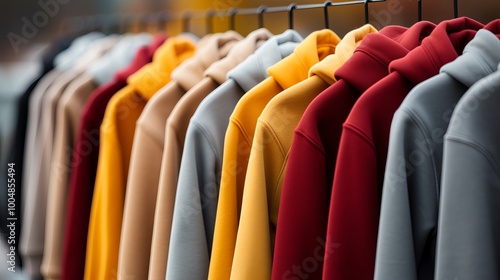 Wallpaper Mural Colorful assortment of hooded sweatshirts displayed on hangers in a vibrant retail setting Torontodigital.ca